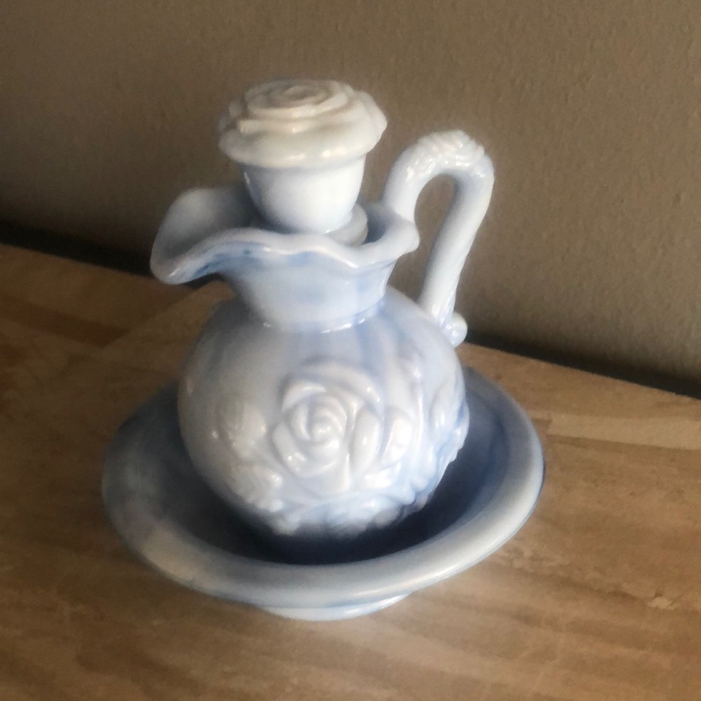SOLD⭐️⭐️Vintage Avon Blue Milk Glass Pitch, Stopper, and Bowl May 1978 Rose